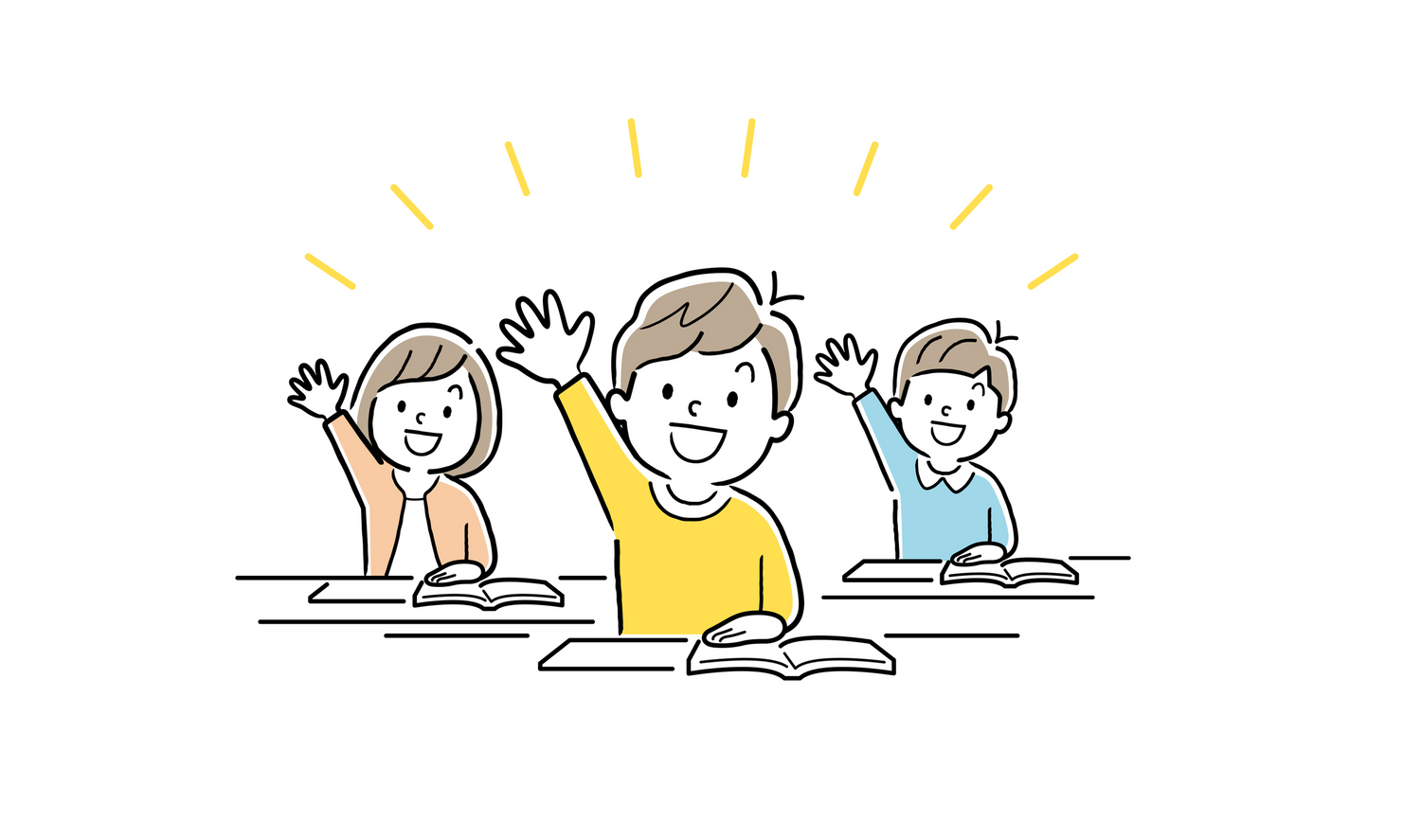 授業中に子どもたちが笑顔で手を挙げる様子